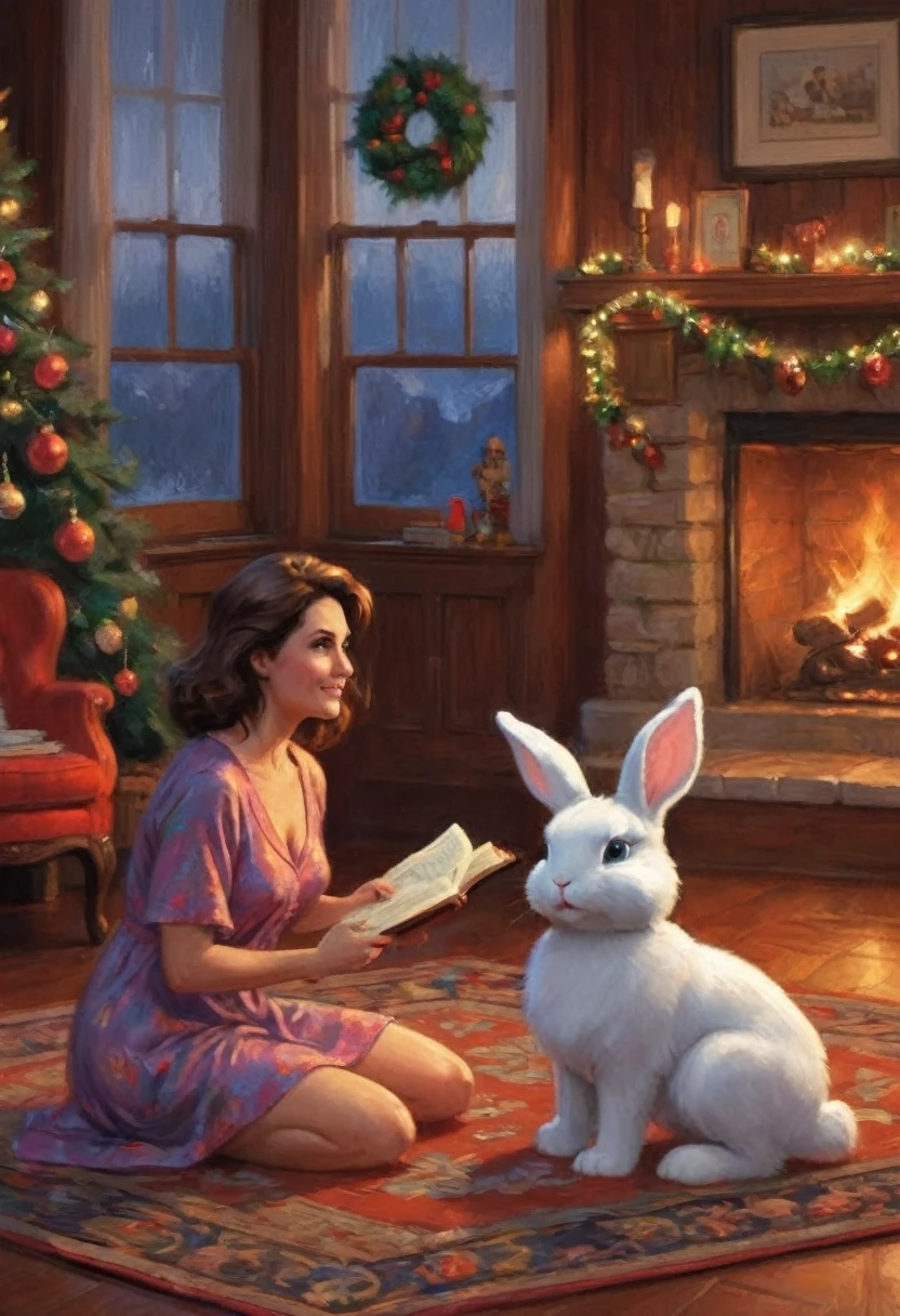 The Big Hero, Aunt Cass, (airy small colorful night gown, open, no underwear), christmas decorated living room, kneeling on a rug by the fireplace, playing with a fluffy bunny, sultry looks to viewer