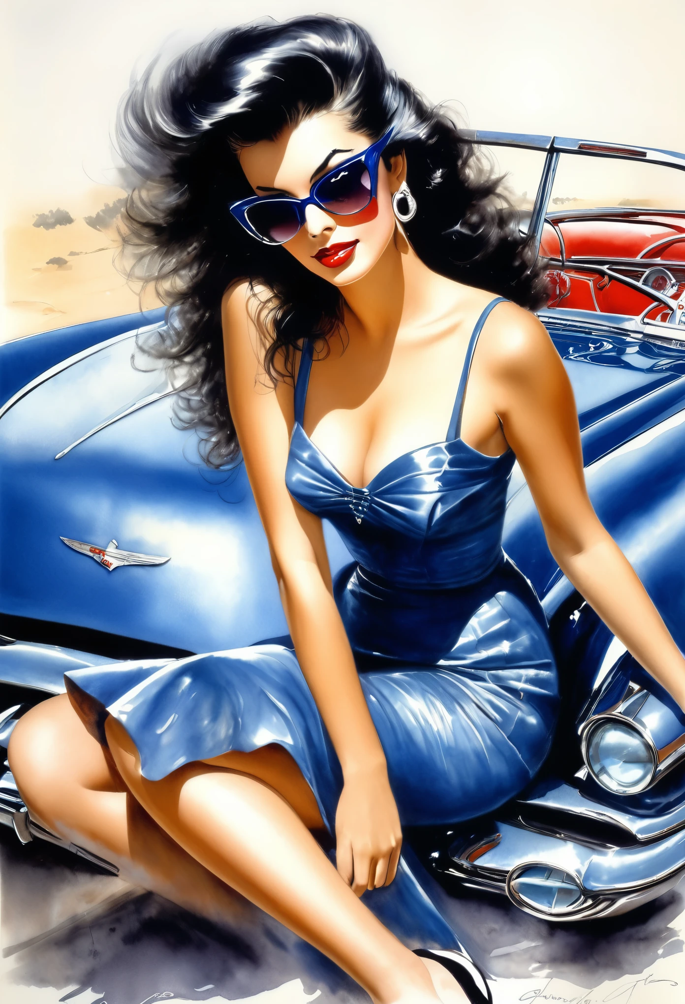 A watercolor pin-up painting of a gorgeous girl, sitting on the hood of a vintage 1950s Chevrolet Corvette. ((1 girl, alone)), ((1 person)) long, curvy black hair, dressed in a tight cobalt blue dress, with white streaks on the dress, sunglasses on her head. The overall mood of the image should be glamorous, fun and adventurous. Pin-up art masterpiece by Luis Royo.