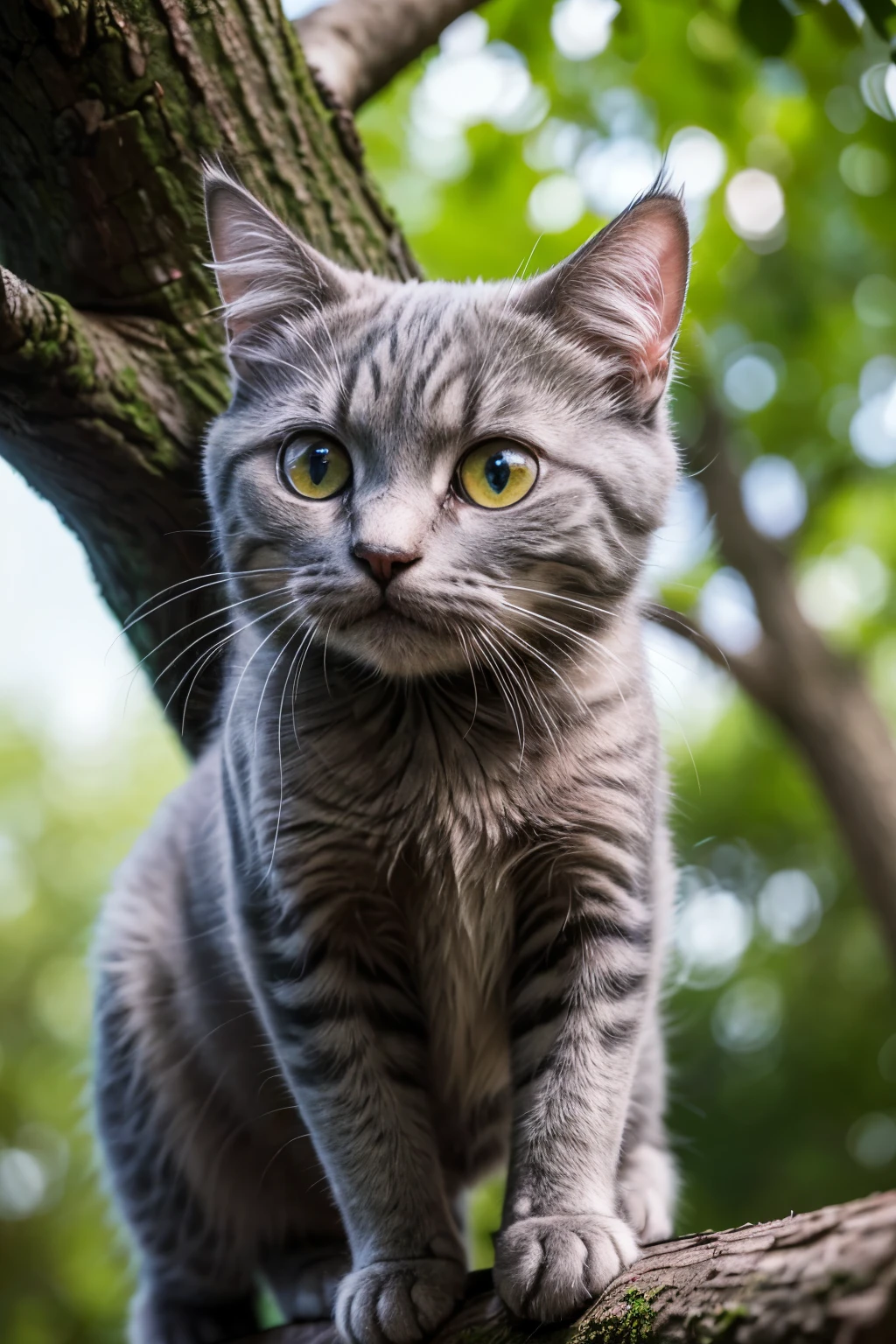a 5 month old grey cat,climbing a tree,playing with an avocado,detailed cute cat,extremely detailed cat face and fur,realistic feline features,lifelike cat anatomy,photorealistic cat textures,beautifully rendered fur,vibrant colors,dramatic lighting,cinematic composition,masterpiece,award-winning digital art