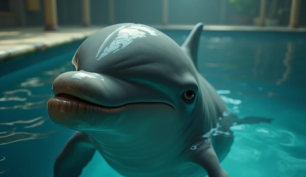 The dolphin has a troubled look on its face、Location: Pool、high resolution、Horror