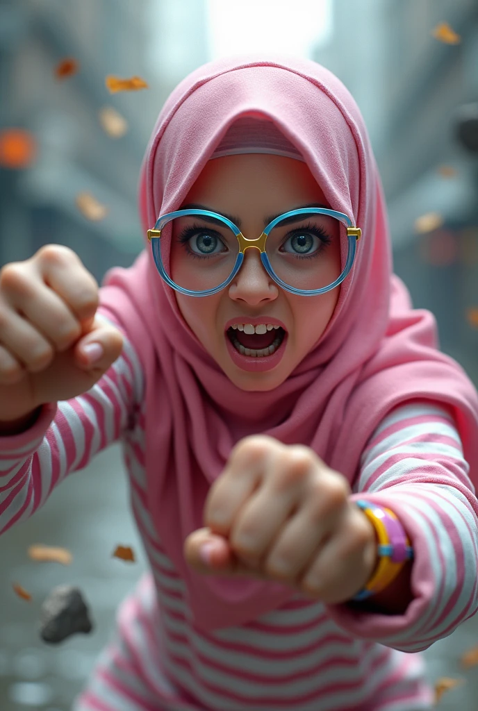 Malaysia women a realistic masterpiece. Human .wear pint watch.. 1girl wearing a hijab, detailed beautiful face, Hijab Muslim. Wear long sleeve moder design pink white pink stripe white. anger face, minimalist flower on shirt. Enger face. Open mouth. Glowing power pink. . Wear pink white.small Safety Pink yellow glasses google spectacle top of the head rubber band. Age 15 year old. Flying position. Fast fly. Panning effect Photography . Jump on and have a super strong power.. punch . Fight pose. Bokeh background. fist front.. At the city. Bad waether. , detailed lips, long eyelashes. Hero, modest expression, delicate facial features, natural skin tones, , detailed folds and textures of hijab, natural lighting, high quality, photorealistic, 8k, best quality. Malaysia girl. Floating small stone and dry leave. ). Running effect. Glowing yellow power. Runfast effect. Wear blue big glasses big frame. Braces teeth. Boleh background. Panning effect.pink high tech watch.cracking glass punch 