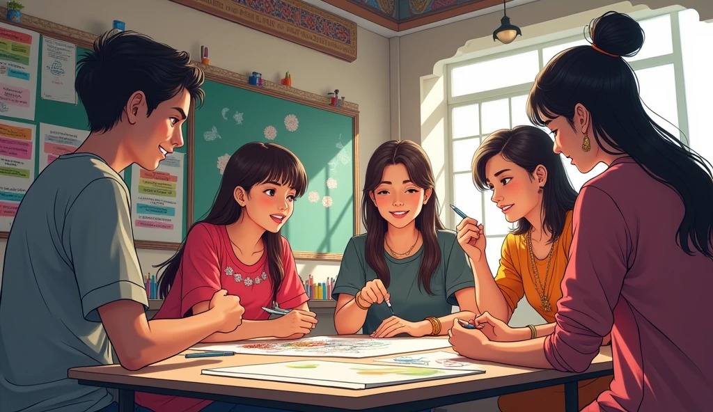 Students jo aapas me bhate kar rahe haiin anime creat image class me Indian environment