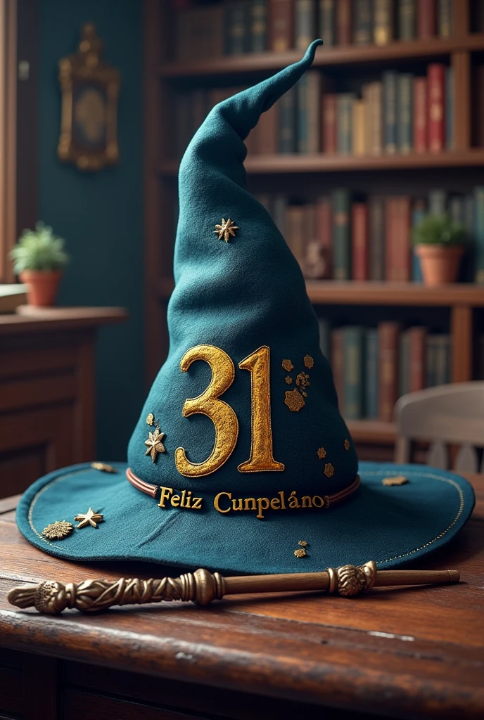 A Harry Potter-themed birthday card with the text "Feliz cumpleaños" (Happy birthday in Spanish). There is a hat with the number "31" on a table. There is a wand next to the hat. The background is a room with bookshelves.