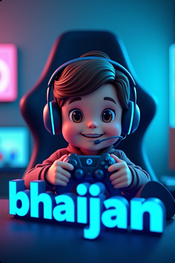 Create a 3D illusion for a gaming logo the boy with headphones holding a gaming remote and looking so cute, video game avatar features the name “ Bhaijan ” in a realistic font with blue colour and create realistic image