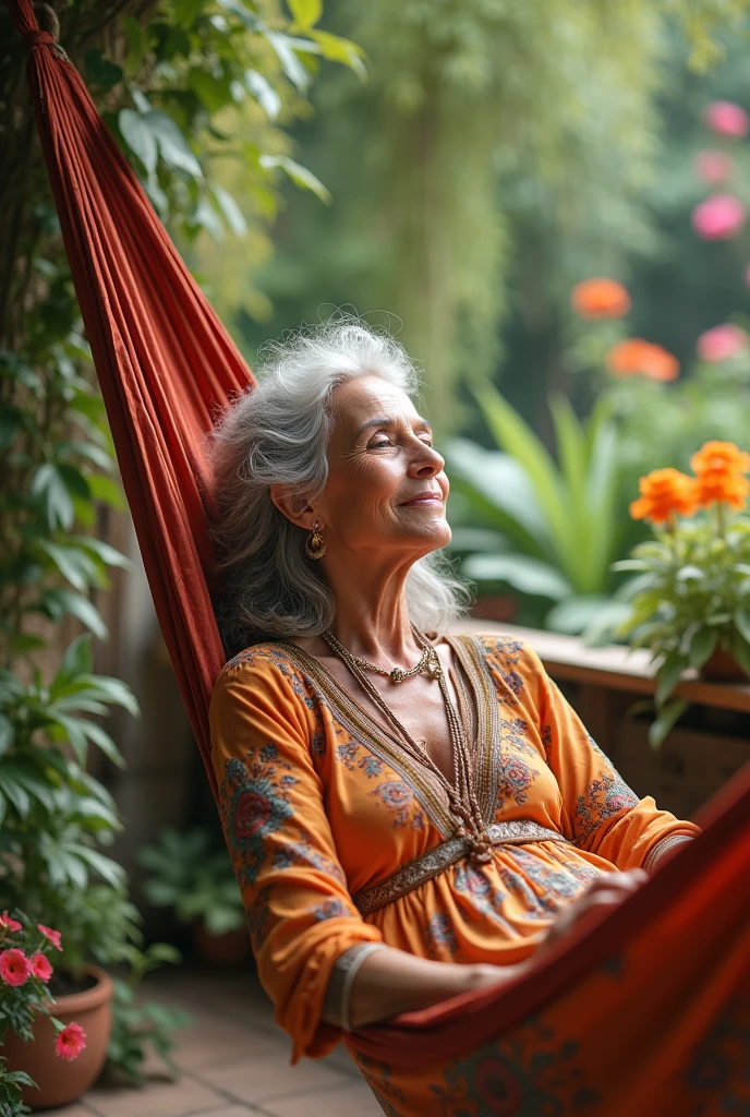 Senior woman 6 bohemian hippie relaxing in her hammock on the terrace in the garden