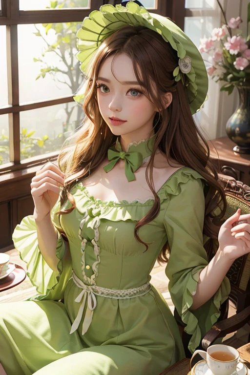 Chestnut Hair。Half-up wavy long。
Bright green eyes like peridot。A gorgeous and beautiful person。A mysterious atmosphere like the goddess of spring or the spirit of flowers.。A lady in a bright green muslin dress。Wearing a bonnet with ribbons and frills。With her eyes lowered and shy,。He frowns in a troubled manner and laughs.。
Attending an afternoon tea party and enjoying tea from elegant teacups。