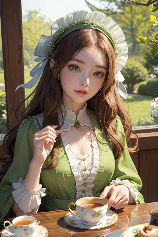 Chestnut Hair。Half-up wavy long。
Bright green eyes like peridot。A gorgeous and beautiful person。A mysterious atmosphere like the goddess of spring or the spirit of flowers.。Lady in a bright green dress。Wearing a bonnet with ribbons and frills。With her eyes lowered and shy,。He frowns in a troubled manner and laughs.。
Attending an afternoon tea party and enjoying tea from elegant teacups。