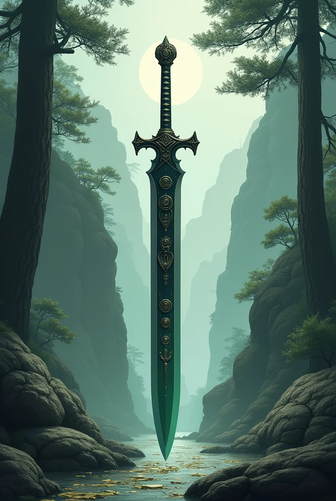 a majestic and precious dark grey and dark green sword with little circles on the blade. The background is a forest and rocks drawn in a traditional Japanese style