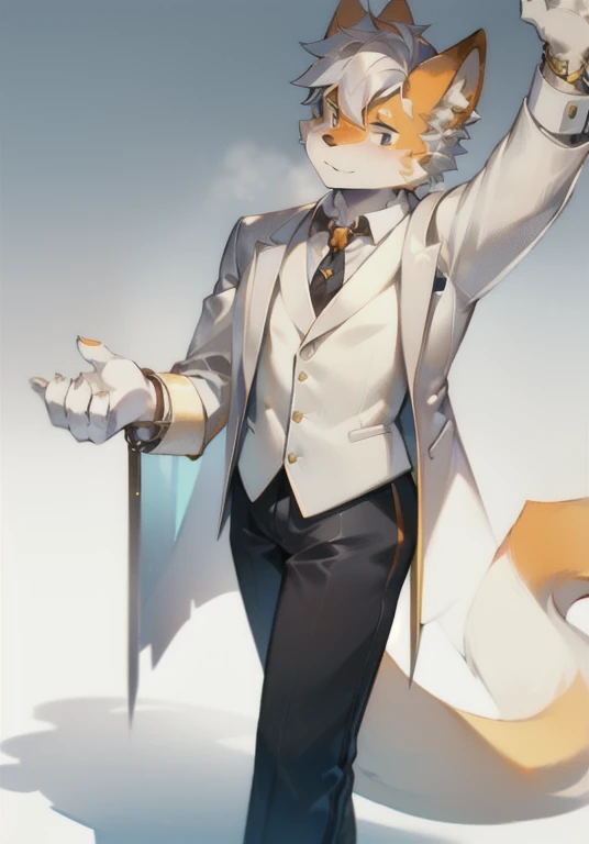 high quality,masterpiece,White fur,Orange fur,Handsome,hansome,Silver hair,White male cat,Wearing a suit,full-body shot,stand up,,With watch