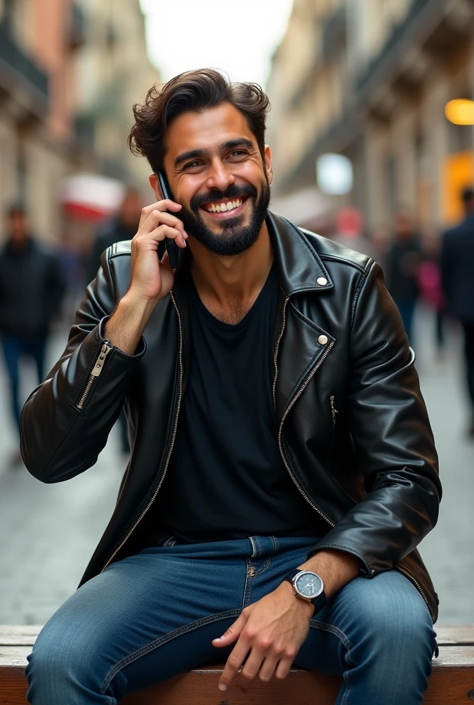 Create a realistic photo, typical Spanish man with a beard and mustache, very handsome man with a charming and deep look, green eyes, brown hair, ((full body)) hyper realistic photos, dressed in jeans, a leather jacket black leather, sitting on a bench, making a phone call, he is laughing, background image: a street with people around, head to toe, full body, hyper realistic photo