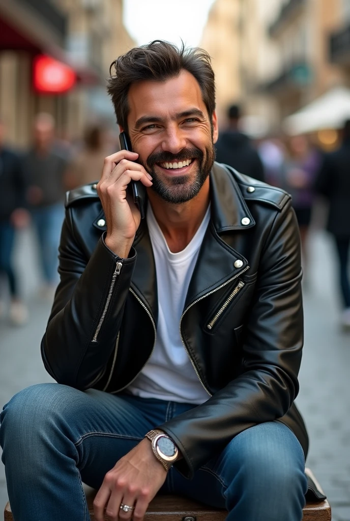 Create a realistic photo, typical Spanish man with a beard and mustache, very handsome man with a charming and deep look, green eyes, brown hair, ((full body)) hyper realistic photos, dressed in jeans, a leather jacket black leather, sitting on a bench, making a phone call, he is laughing, background image: a street with people around, head to toe, full body, hyper realistic photo