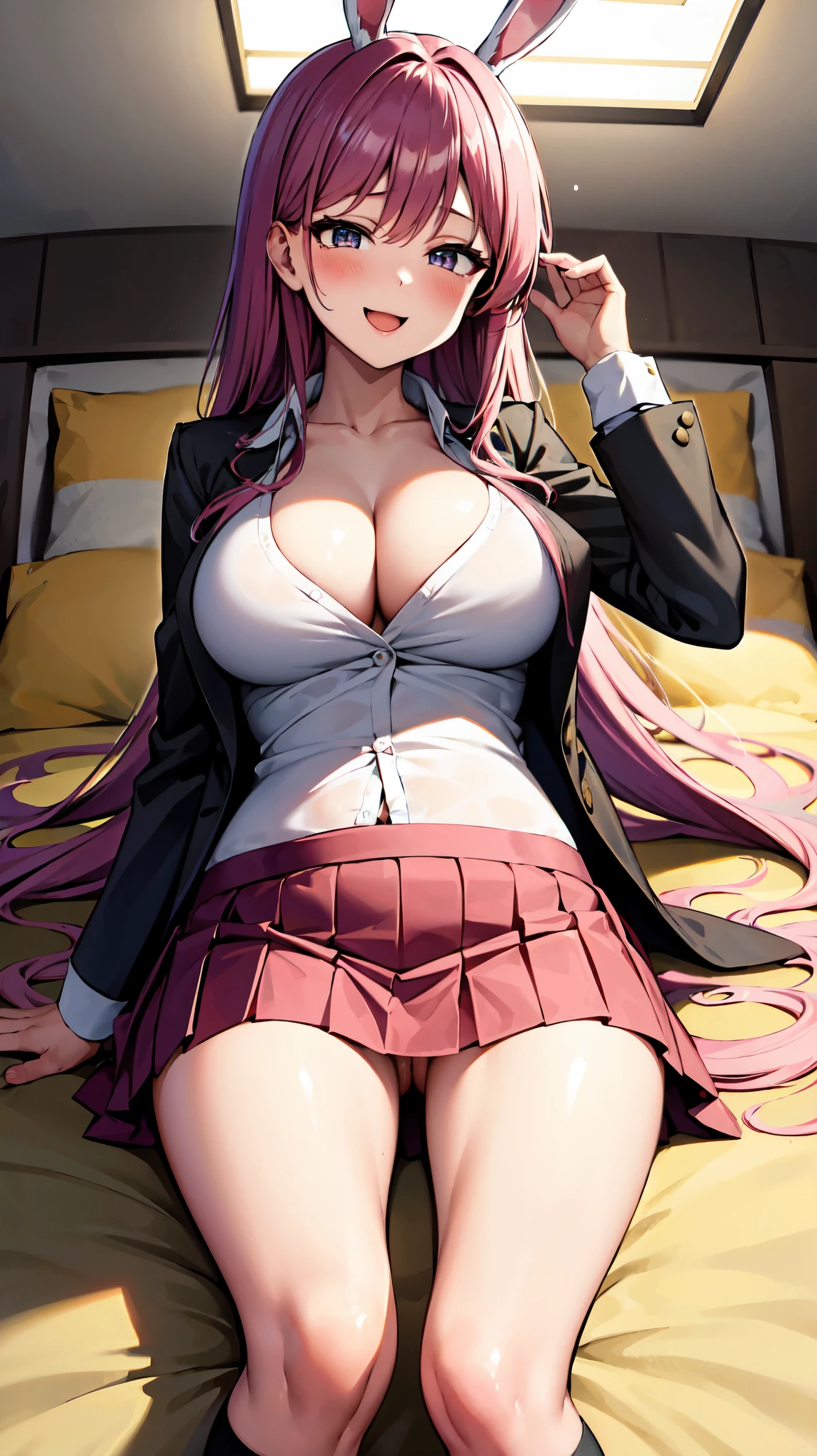 ((super high quality,Ultra-high resolution,16K,super masterpiece,Ultra HD,Ultra high definition,))One high school girl,White bunny ears,Very long straight purple hair,slender naked,Cleavage,sexly,(Black blazer,White nude shirt,popped Tight collar,Pink mini skirt,White socks,)Heavy breathing,blush,Provocative smile,View here,Put your hands on your head,Japanese-style room illuminated by the morning sun,Lying on the futon,Angle from the ceiling,