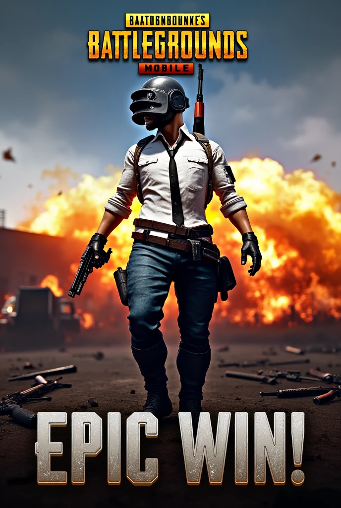

"A dramatic thumbnail for a PUBG Mobile gameplay video. The central focus is a heavily armed character in intense combat gear, holding a rifle, standing on a battlefield with explosions in the background. The character is facing forward, with a determined expression. Surrounding the character, include elements like a burning vehicle, scattered weapons, and the PUBG Mobile logo at the top corner. The color scheme should be vibrant with strong contrasts, using oranges and reds for explosions, and darker tones for the background. Add text that says 'Epic Win!' in large, bold letters, with a metallic texture, placed near the bottom."

This prompt will create a visually striking thumbnail that resonates with the action-packed nature of PUBG Mobile.