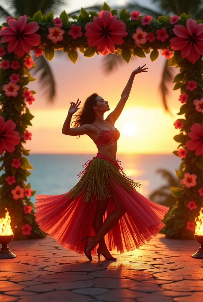 A beautiful ukraine supermodel, medium round boobs , girl dancing hula on a special outdoor stage in hula dance costume, hibiscus and plumeria decorated on the stage, torches lit at the four corners, palm trees and the ocean in the background, and the sunset.