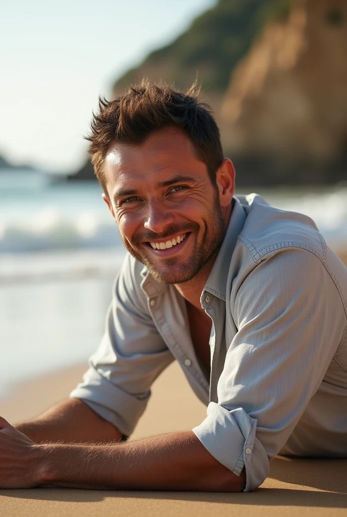 makes image of a white man, at 3, model type, with short dark hair, with clear eyes, wearing a shirt buttoned up to the neck, posing sideways, wearing underwear, lying on the wet sand on a beach in the Algarve, smiling and looking at the camera