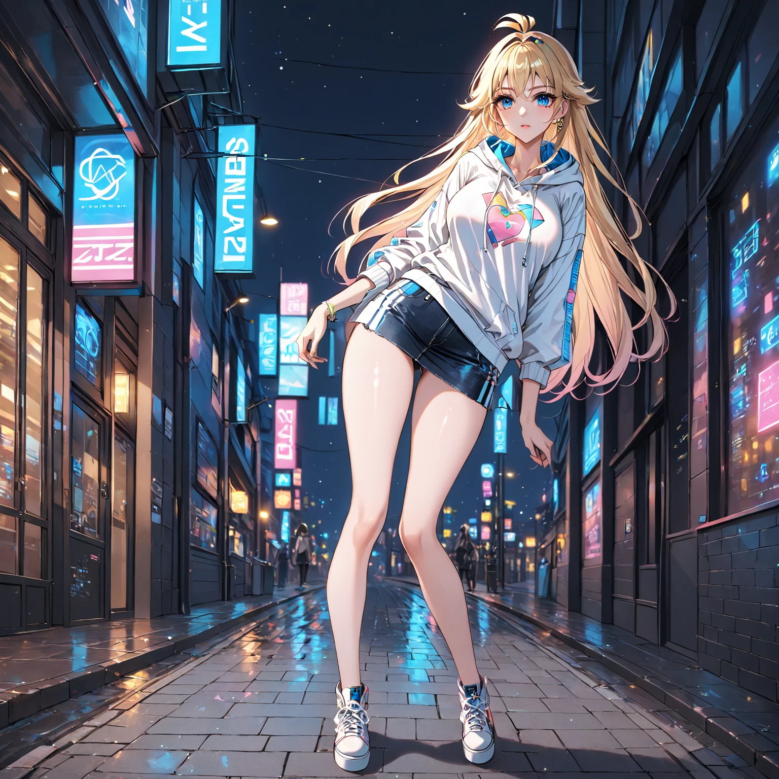 Princess Peach, 1 woman, blue eyes, straight blonde hair, long hair over her breasts, street clothes, low-cut shirt, science fiction. Futuristic, night, dark, sensual body. Long eyelashes, detailed face, beautiful, sensual face. Sweatshirt, hood. fixed gaze, full body. beautiful body, sensual.