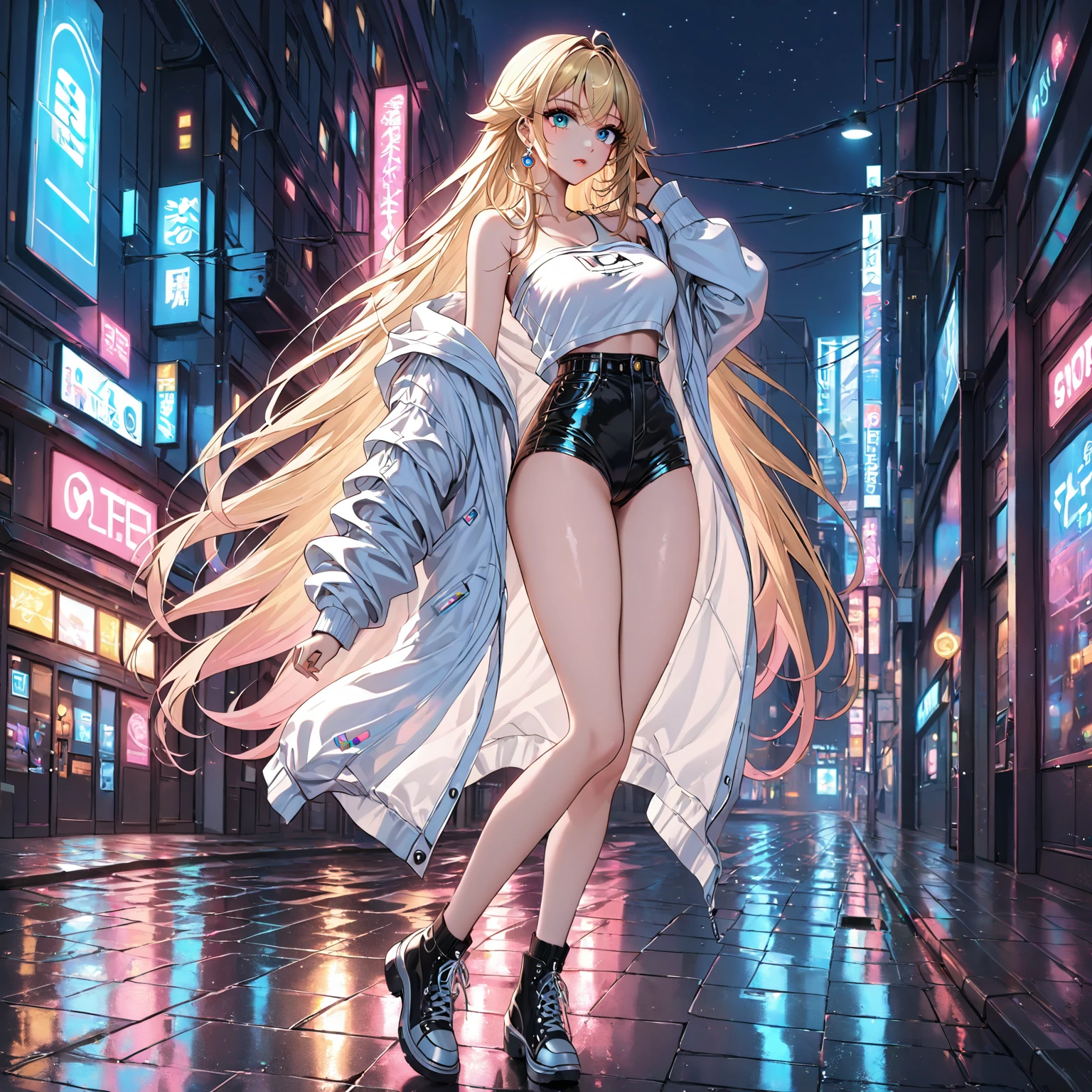 Princess Peach, 1 woman, blue eyes, straight blonde hair, long hair over her breasts, street clothes, low-cut shirt, science fiction. Futuristic, night, dark, sensual body. Long eyelashes, detailed face, beautiful, sensual face. Sweatshirt, hood. fixed gaze, full body. beautiful body, sensual.