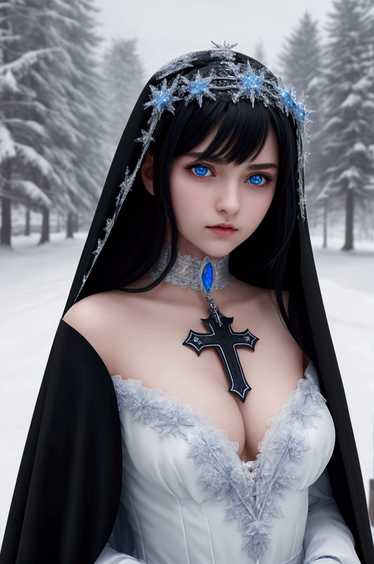 1girl, evil, teenager(1.3),, with black hair and blue eyes, detailed face, angelical face,cleavage, small breasts, dress with cape, desing with christian cross ,background in snow in prussia