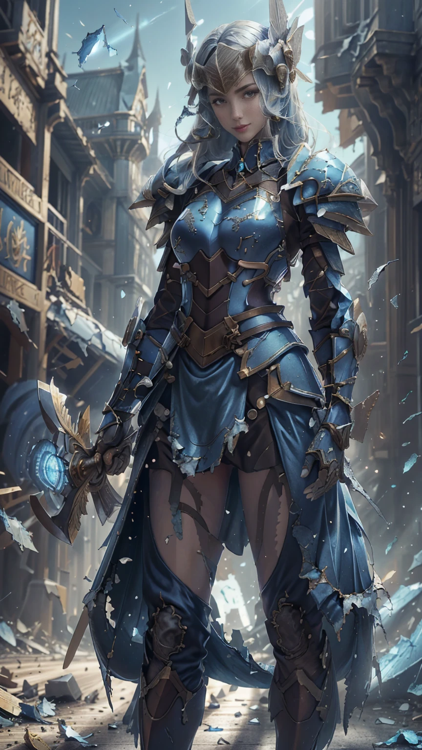 Lenneth from 'Valkyrie profile', blue plate mech4rmor, blue breastplate armor (broken/damaged), (damaged armor exposing random skin:1.37), thigh cutout, long skirt,belt,white head ornament,
standing,upper body,arms behind back,
light smile,
plains,castle,
(insanely detailed,  masterpiece, best quality),solo, 