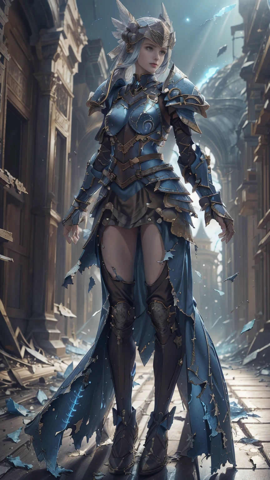 Lenneth from 'Valkyrie profile', blue plate mech4rmor, blue breastplate armor (broken/damaged), (damaged armor exposing random skin:1.37), thigh cutout, long skirt,belt,white head ornament,
standing,upper body,arms behind back,
light smile,
plains,castle,
(insanely detailed,  masterpiece, best quality),solo, 