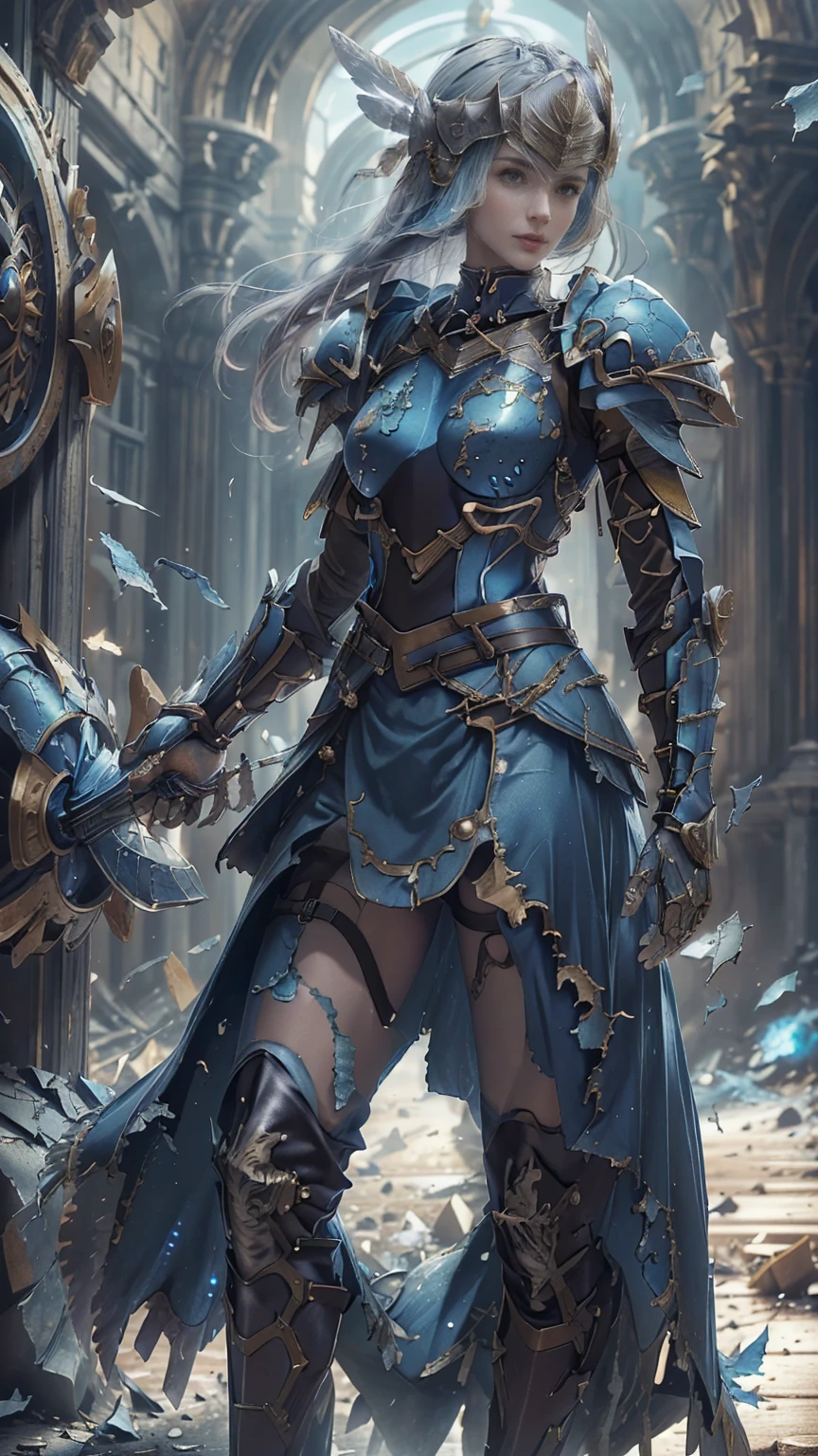 Lenneth from 'Valkyrie profile', blue plate mech4rmor, blue breastplate armor (broken/damaged), (damaged armor exposing random skin:1.37), thigh cutout, long skirt,belt,white head ornament,
standing,upper body,arms behind back,
light smile,
plains,castle,
(insanely detailed,  masterpiece, best quality),solo, 