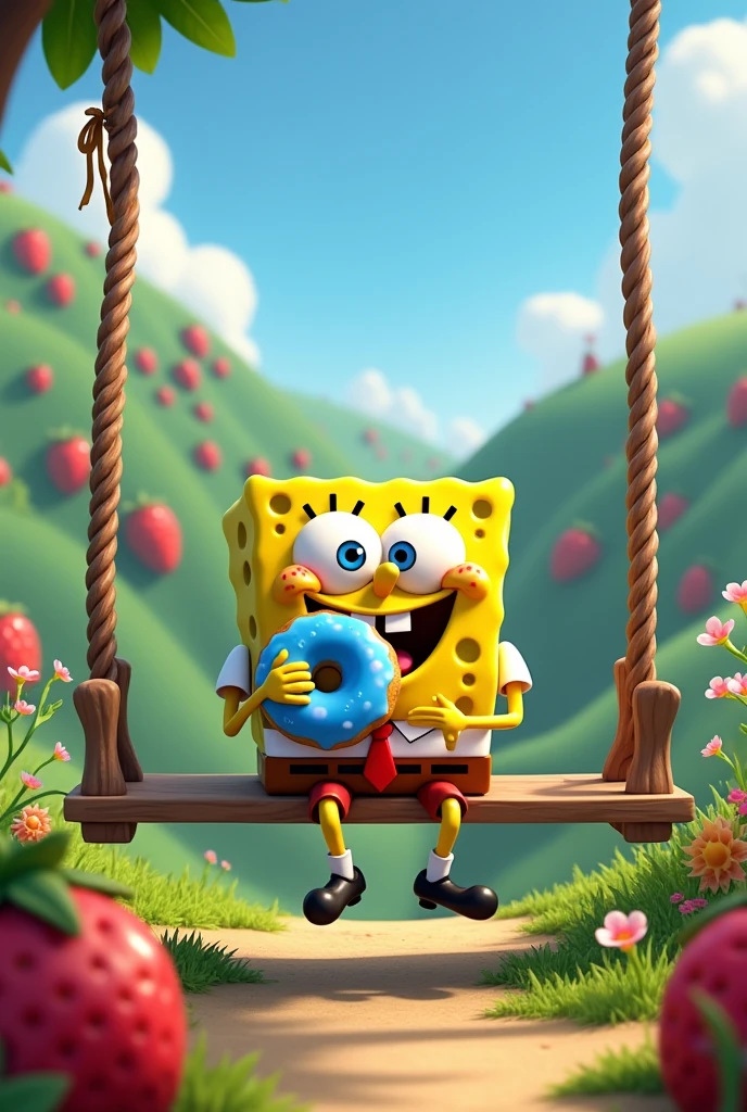 Spongebob eating a blue donut on a swing on a strawberry mountain
