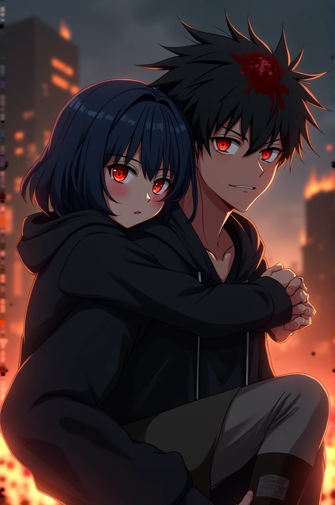 A boy ((( Anime boy , Spiky hair , black hair , black hoodie , blood red eyes , narrowed eye , bleeding from head ))) , A girl ((( Anime girl , dark blue hair , modern day mullet hair style , black hoodie , red eyes , almond eye ))) , boy carrying girl , girl behind boy , piggy back ride , dark background , fire in background , destructive background