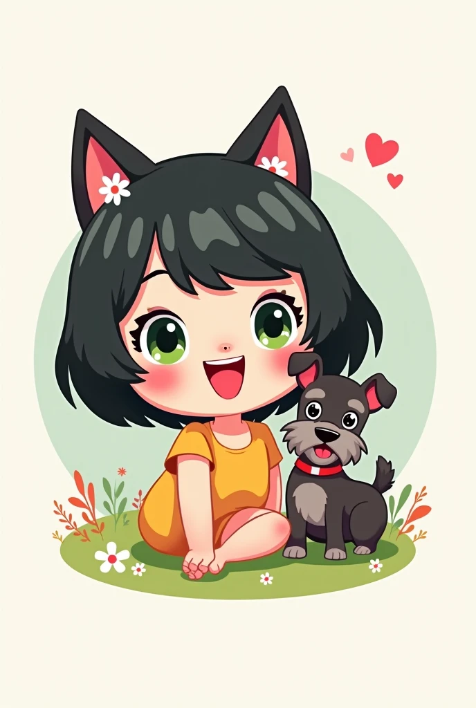 Logo for a company bodys nali"WORDS THAT HAVE TO GO IN THE IMAGE "which has with:
1. a chubby girl with green eyes and black hair 2. pet a schnauzer breed dog named nala