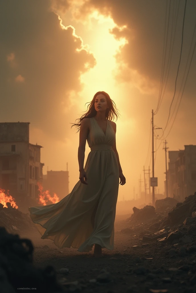 Woman in war field protected by the Holy Spirit in the city