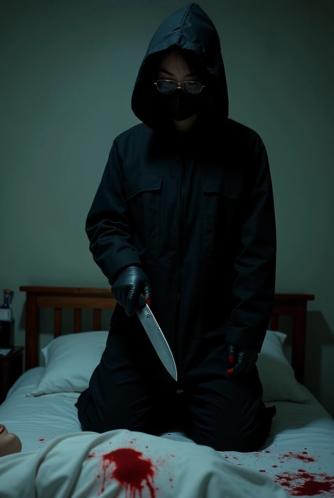 korean girl, (behind stiff, holding knife), stabbing, black surgical mask, black gloves, sunglasses, dark room, night, black raincoat, hood up, holding knife, black gloves, 20 years old, woman on top, behind cadaver, blood splatter, bed room, mass murderer, killer, blood splatter, by the window

