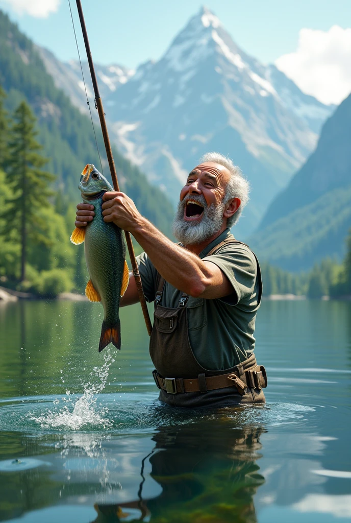 A middle-aged man catches a fish at the lake，Excited expression，Adding details，Clarity Enhancement，Detail Enhancement，Extremely high resolution,