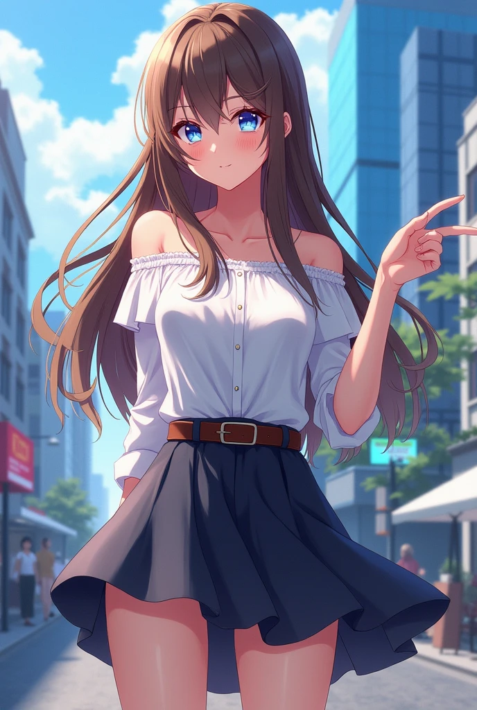 masterpiece++, best quality++, beautiful+, anime style,1person, full body image, skirt, leather belt, off shoulder white dress shirt, beautiful blue eyes++, long straight brown hair, modern style, choker, cityscape background