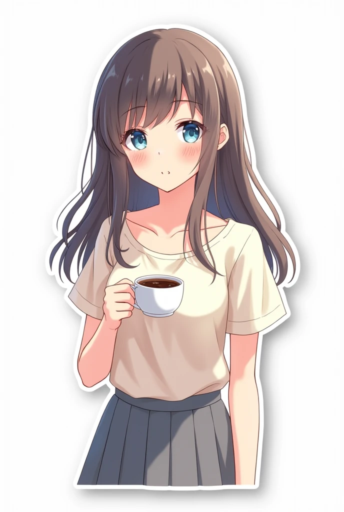 Anime girl with long hair and blue eyes in shirt and skirt, Cute anime girl, Cute anime face, extremely cute anime girl face, Anime visuals of cute girls, portrait of cute anime girl, portrait of cute anime girl, cute kawaii girl, portrait of cute anime girl, kawaii anime manga style, cute anime style, cute anime girl, splash art anime , anime, anime style, Sticker, surrounded by white outline, on transparent background, ((Drinking a cup of coffee))