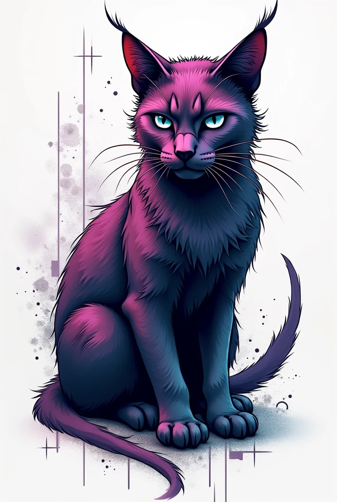Neo traditional tattoo sketch of a cat with purple colors, blue and black