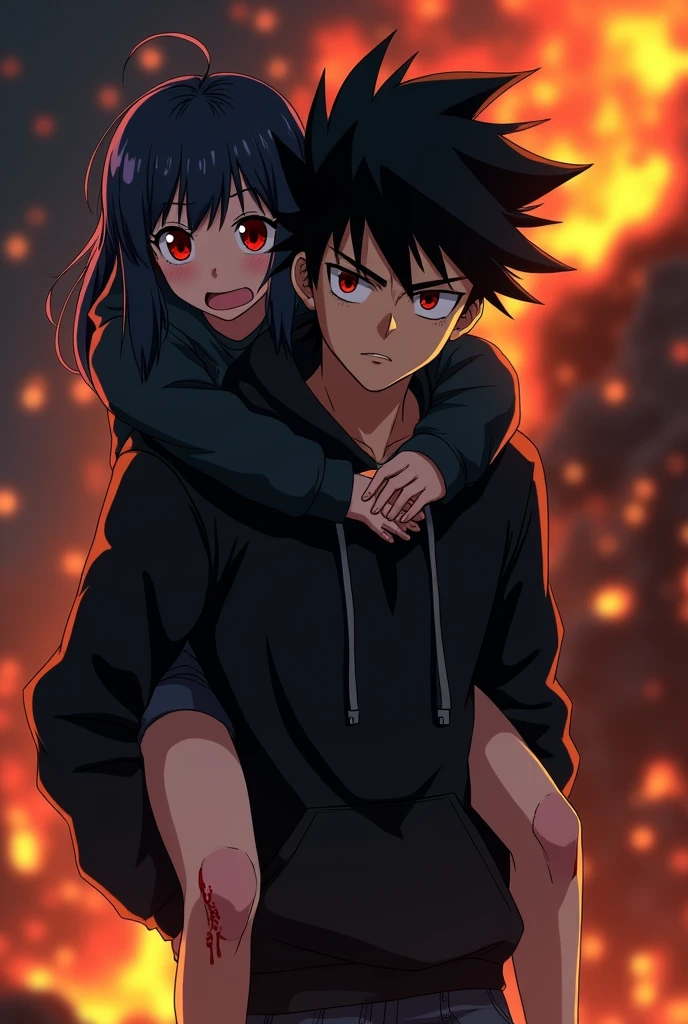 A boy ((( Anime boy , Spiky hair , black hair , black hoodie , blood red eyes , narrowed eye , bleeding ))) , A girl ((( Anime girl , dark blue hair , modern day mullet hair style , black hoodie , red eyes , almond eye ))) , boy carrying girl , girl behind boy , piggy back ride , dark background , fire in background , destructive background