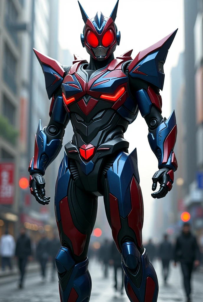 Realistic kamen rider in real life with full body armor. Full coated body armor. Colour red, blue and black. Front, back and side angle