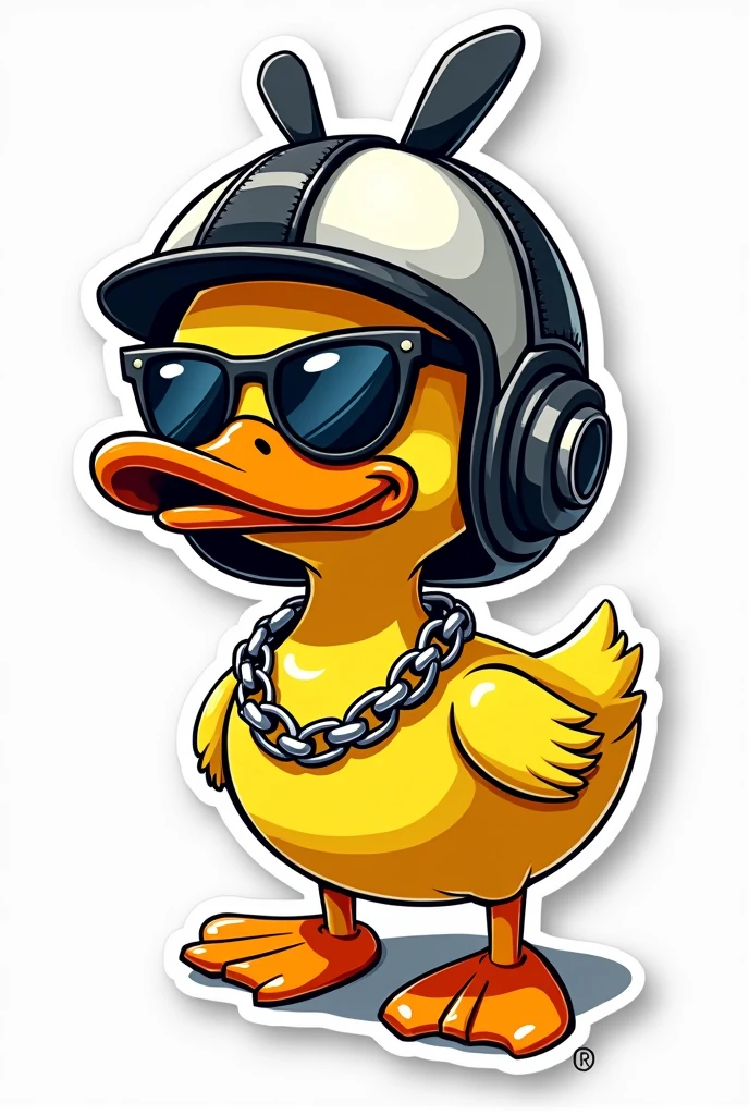 Make an illustration for a sticker, of an angry duck (Yellow duck, orange beak and wearing sunglasses and a silver chain) wearing a helmet without a visor, with a propeller on top (black white helmet with leather texture), do well in graffiti and drawing style (without any floor texture, just the duck)