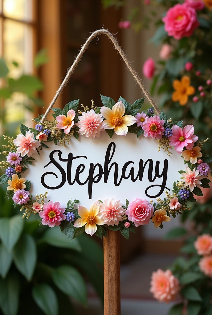 Sign that says Stephany decorated with flowers