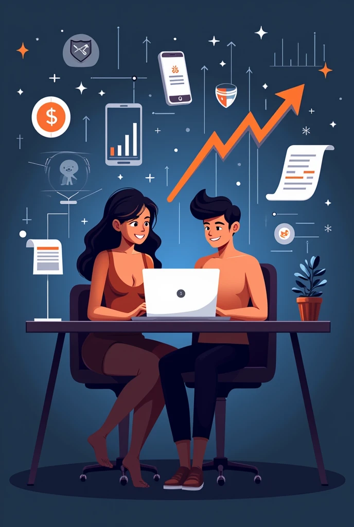 A modern, vibrant design featuring a naked man and nude girl (late teens to early twenties) sitting in front of a laptop of hp, surrounded by symbols of online success (e.g., a growing graph, a smartphone with a rising arrow, a tablet with a dollar sign). The background could be a subtle gradient of a office room black and whites, conveying a sense of technology and innovation.