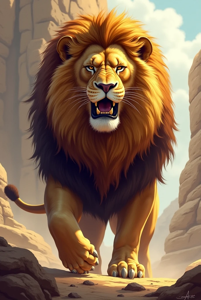 full-page illustration of Lion stepping forward, his mane flowing
majestically, as he declares his claim to the throne.