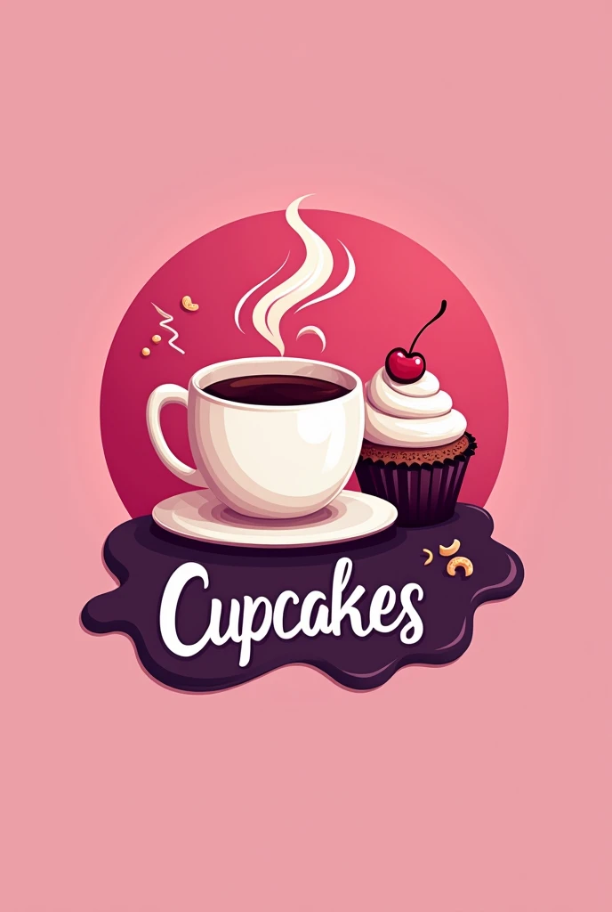 A fun pink  and violet logo with a steaming coffee cup and cupcake☕🍰 