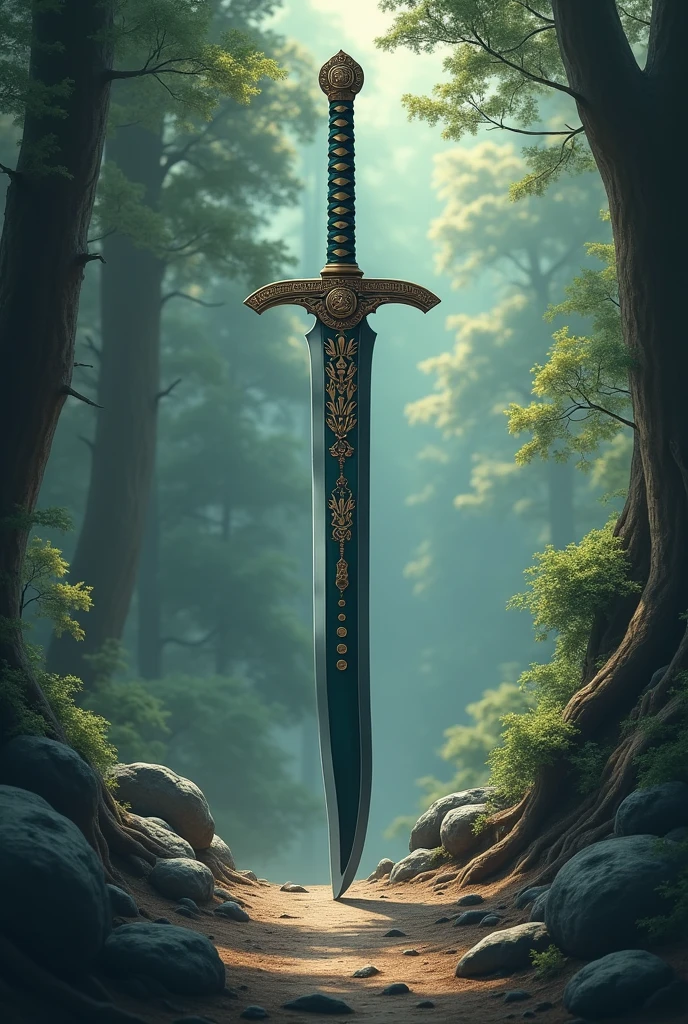 a majestic and precious dark grey and dark green curved sword with little circles on the blade. The background is a forest and rocks drawn in a traditional Japanese style