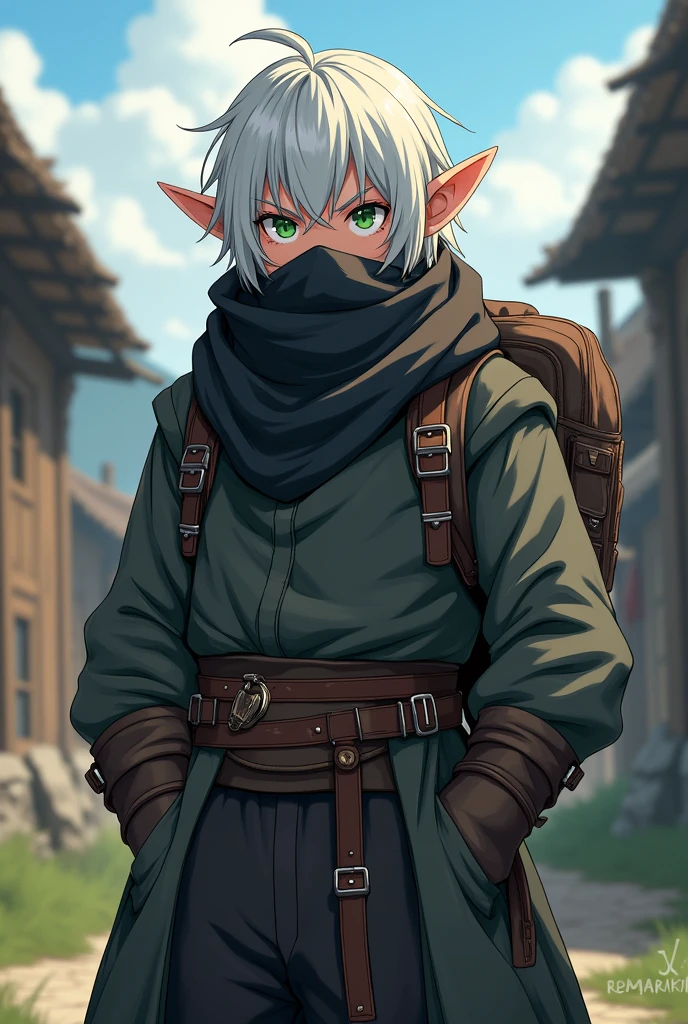 halfling body photo, serious face, Athletic, 31 year old Halfling, green colored eyes, medium long white hair, black scarf covering mouth, black ladino pack with gray with brown hood , medieval clothing, black sweatpants, hand in pocket, Anime Village saga, 4K, epic, Village saga.