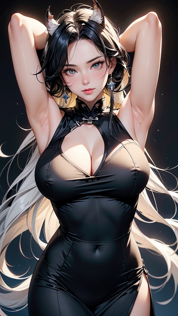 masterpiece,best quality,extremely detailed CG unity 8k wallpaper, tmasterpiece,Best quality,extremely detaild CG unified 8k wallpapers, tmasterpiece, Best quality, CG, optics , Frederick the Great(((azur lane))),detail processing,((Black+yellow Cat pupil)),headgear,hair on one eye, cabelos preto e longos,((MILF,A mature woman)), Huge cleavage,Intimacies,eventide, arms up (sweaty armpits, hot armpits), Clear face,face expressionless,bangle,((big horns)),solo,((cheongsam))