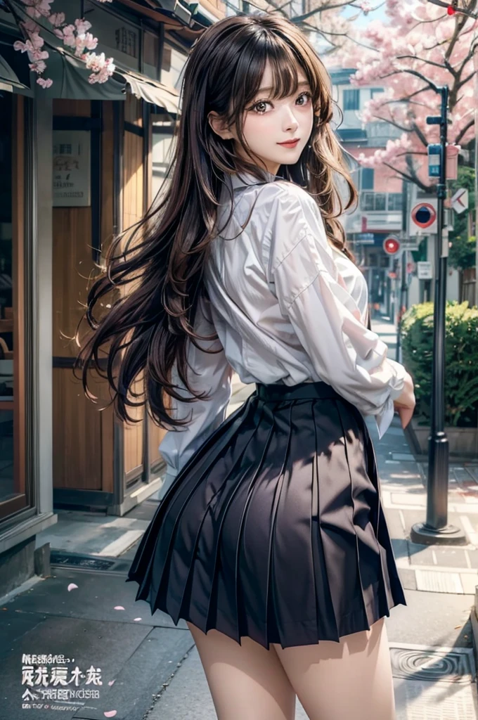 ((Highest quality)), ((masterpiece)), (detailed), (High contrast natural side sunlight, Dynamic Lighting, Cinema Lighting), Anime Style, (((whole body))), Cute Japanese, ((Rear view, look back)), Looking at the audience, smooth, fair skin, Exaggerated super long hair, Black straight hair、Wavy head and tail, 長い髪がWindになびく, ((Extremely fine hair)),  Cute, isn't it?, Long upper eyelashes, Thin eyebrows, Big eyes, amber pupil, Ultra-detailed eyes, A little blush, smile, Exquisite rimless glasses, detailedな顔, detailed face, Small Nose, Small lips, rest, 
((Symmetrical clothing, uniform, White button-down shirt, Black pleated student skirt, dark stockings, Dark colored school shoes)), Perfect clothing texture, Perfect body structure, Attractive figure, Long and sexy legs, Perfect foot quality, Perfect touch, Beautiful hands and feet, Beautiful fingers, rest, (Beautiful Wind scenery), (Micro Wind Outdoor), Wide street in a quiet Japanese town, Spring Morning, (Wind), (cherry blossoms), whole body images, ((Perfect composition)), emphasize the subject, (detailedな背景:1.5), オリジナルphotograph, CG unity, photograph, シュールなdetailed, concentrate, (Distorted depth of field blurred background), [[Color Saturation]], (和Windphotograph:0.3), (magazine:1.4), (Cover Style:1.3)