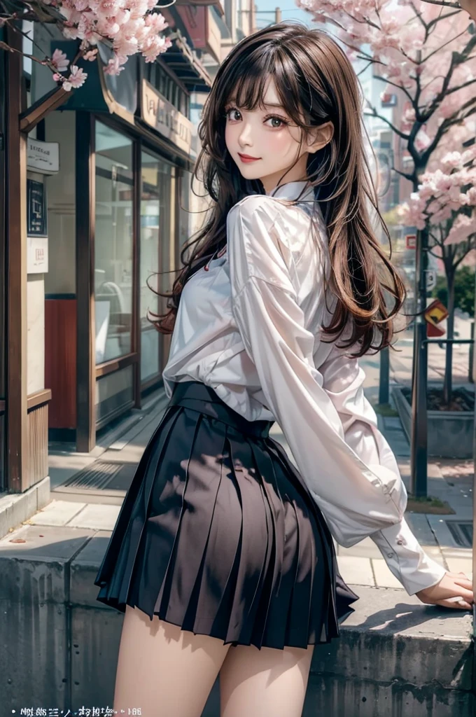 ((Highest quality)), ((masterpiece)), (detailed), (High contrast natural side sunlight, Dynamic Lighting, Cinema Lighting), Anime Style, (((whole body))), Cute Japanese, ((Rear view, look back)), Looking at the audience, smooth, fair skin, Exaggerated super long hair, Black straight hair、Wavy head and tail, 長い髪がWindになびく, ((Extremely fine hair)),  Cute, isn't it?, Long upper eyelashes, Thin eyebrows, Big eyes, amber pupil, Ultra-detailed eyes, A little blush, smile, Exquisite rimless glasses, detailedな顔, detailed face, Small Nose, Small lips, rest, 
((Symmetrical clothing, uniform, White button-down shirt, Black pleated student skirt, dark stockings, Dark colored school shoes)), Perfect clothing texture, Perfect body structure, Attractive figure, Long and sexy legs, Perfect foot quality, Perfect touch, Beautiful hands and feet, Beautiful fingers, rest, (Beautiful Wind scenery), (Micro Wind Outdoor), Wide street in a quiet Japanese town, Spring Morning, (Wind), (cherry blossoms), whole body images, ((Perfect composition)), emphasize the subject, (detailedな背景:1.5), オリジナルphotograph, CG unity, photograph, シュールなdetailed, concentrate, (Distorted depth of field blurred background), [[Color Saturation]], (和Windphotograph:0.3), (magazine:1.4), (Cover Style:1.3)