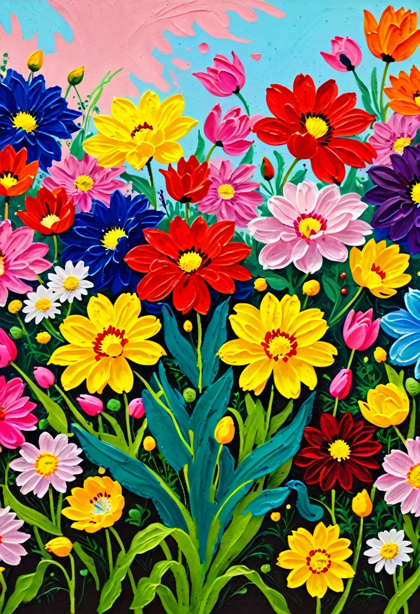 A painting:(((Colorful black,Chalk painting,Oil stick painting,flight,Thick coating,Uneven texture,Plaster texture,Graffiti)))。
there are many different colored flowers in a flower bed, a picture by Anato Finnstark, unsplash, vanitas, more and more flowers, chrysanthemums, chrysanthemum and hyacinth, colourful flowers, flowers and stems, flowers and plants, chrysanthemum and tulips, lots of flowers, bouquets, dahlias, wilted flowers
