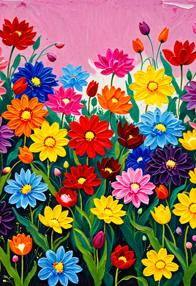 A painting：(((Colorful black，Chalk painting，Oil stick painting，flight，Thick coating，Uneven texture，Plaster texture，Graffiti)))。
there are many different colored flowers in a flower bed, a picture by Anato Finnstark, unsplash, vanitas, more and more flowers, chrysanthemums, chrysanthemum and hyacinth, colourful flowers, flowers and stems, flowers and plants, chrysanthemum and tulips, lots of flowers, bouquets, dahlias, wilted flowers