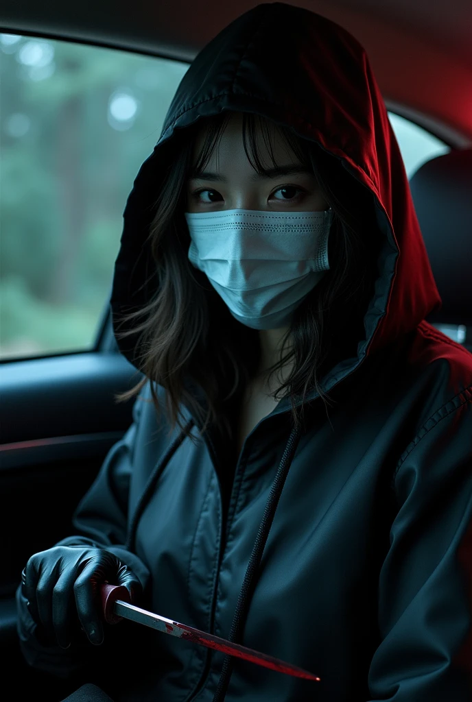 korean girl, (surgical mask, holding knife), black leather gloves, in the car, black raincoat, hood up, holding knife, leather gloves, blood splatter, night, mass murderer, killer, wave hair, blood splatter, dark atmosphere, cinematic lighting, atmospheric realistic,