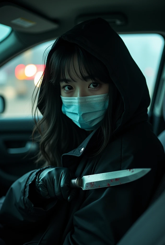 korean girl, (surgical mask, holding knife), black leather gloves, in the car, black raincoat, hood up, holding knife, leather gloves, blood splatter, night, mass murderer, killer, wave hair, blood splatter, dark atmosphere, cinematic lighting, atmospheric realistic,